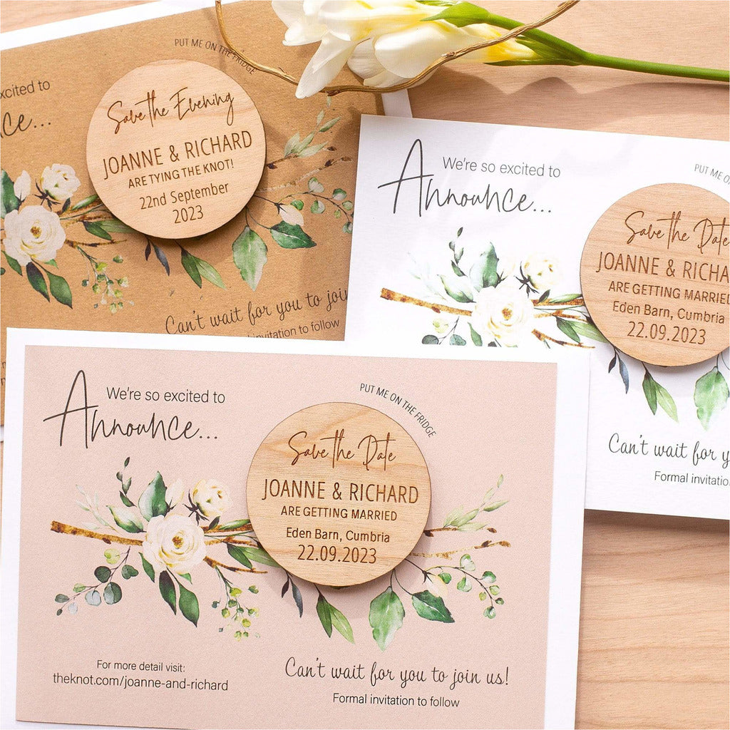 Round Wood Save The Date Magnets with Luxury Cards NIVI Design