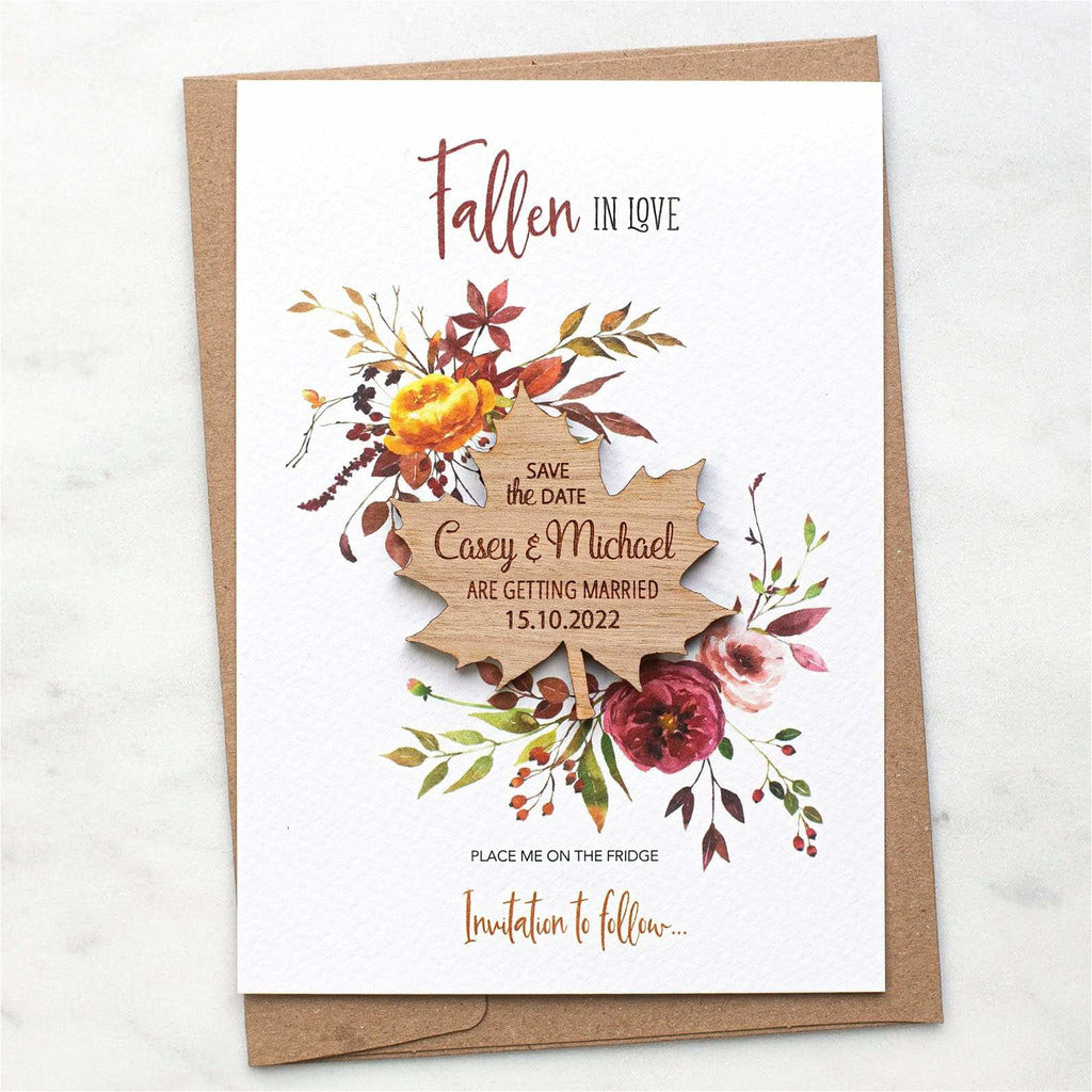 Save The Date Autumn Fall Magnets Wooden Maple Leaf Magnets with Cards NIVI Design