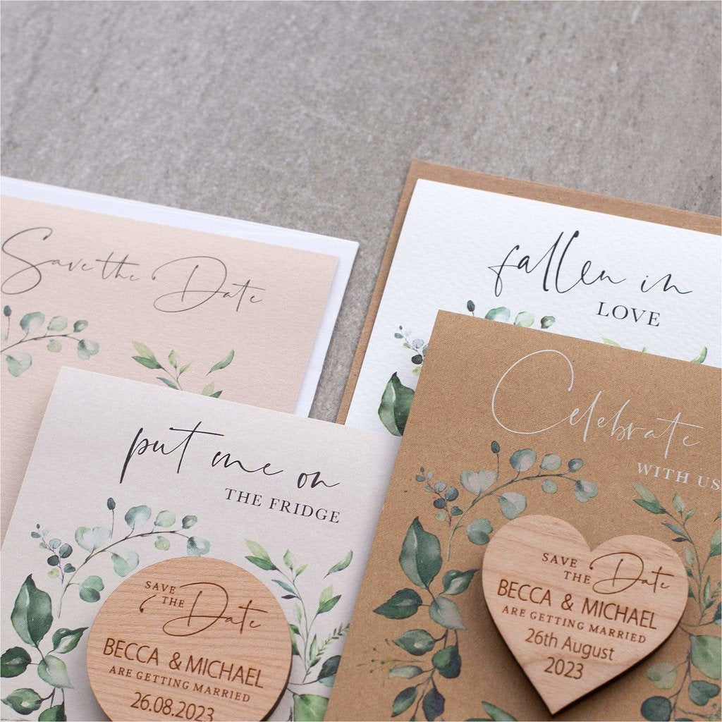 Wedding save the date heart magnets wood with foliage cards NIVI Design