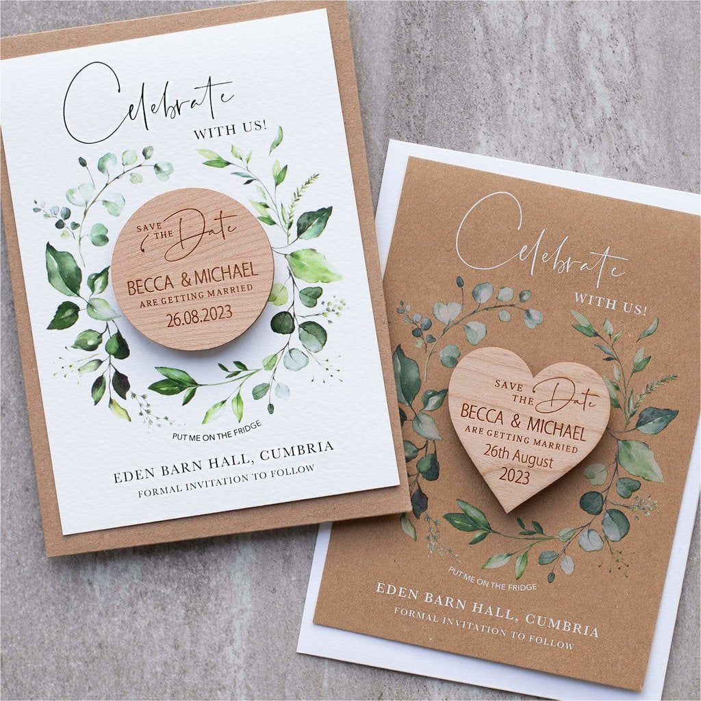 Wedding save the date heart magnets wood with foliage cards NIVI Design