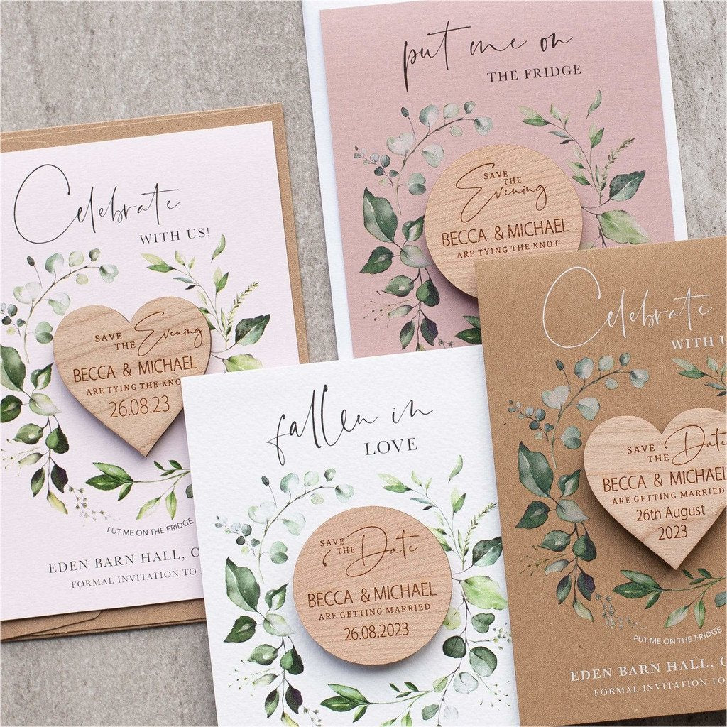 Wedding save the date heart magnets wood with foliage cards NIVI Design