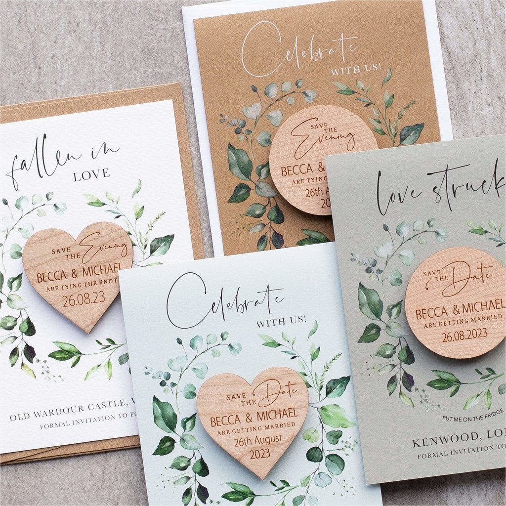 Wedding save the date heart magnets wood with foliage cards NIVI Design