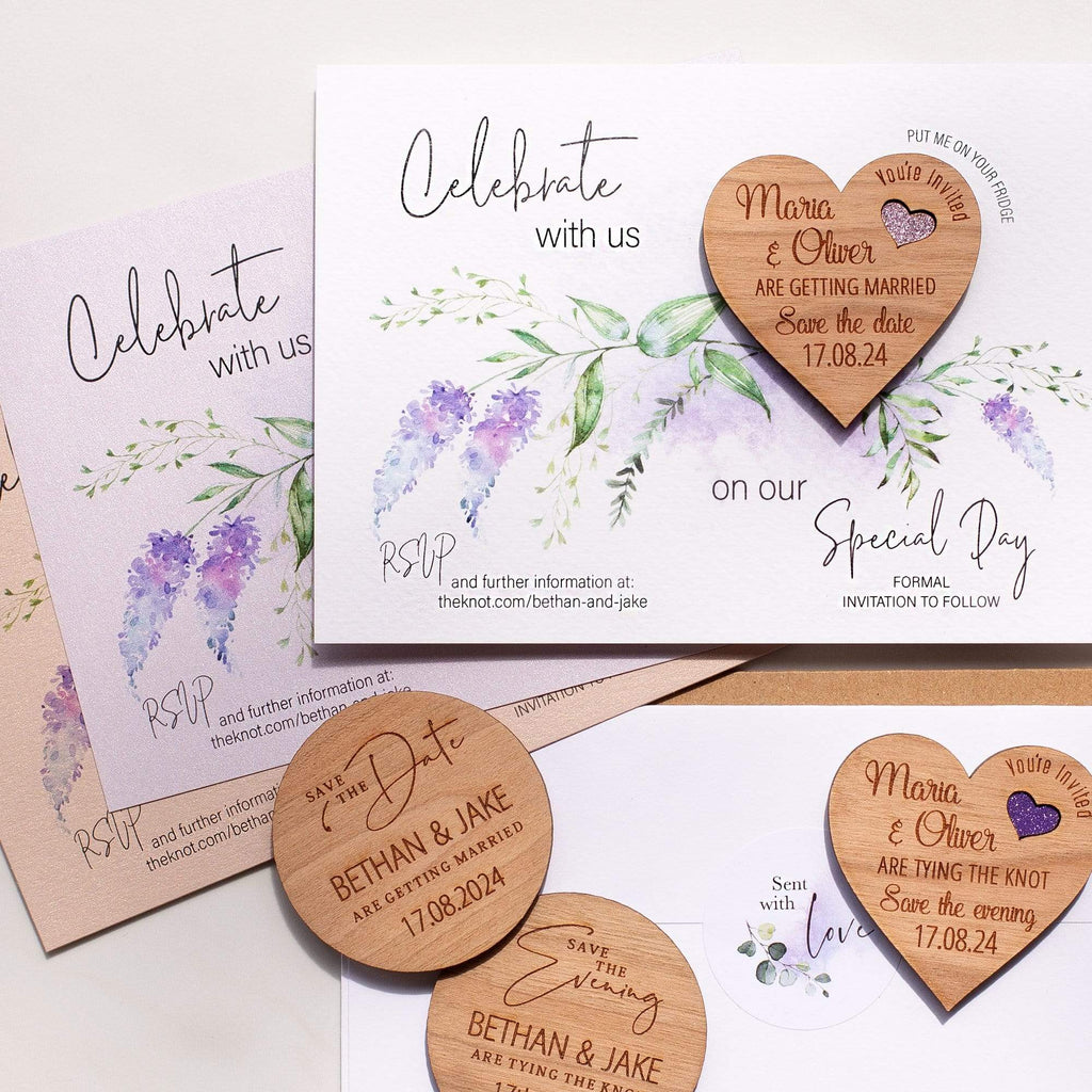 Wedding save the date magnets with evergreen purple floral cards NIVI Design