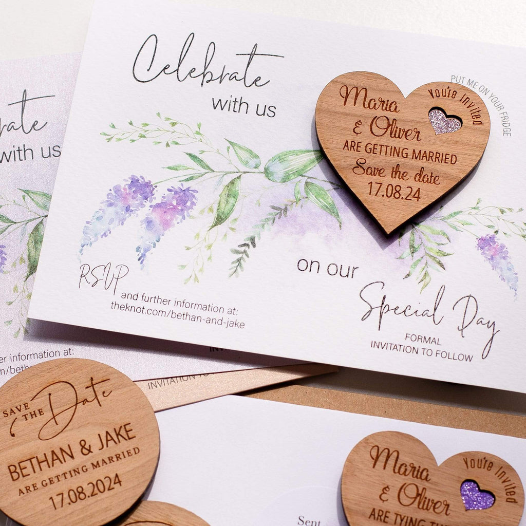 Wedding save the date magnets with evergreen purple floral cards NIVI Design