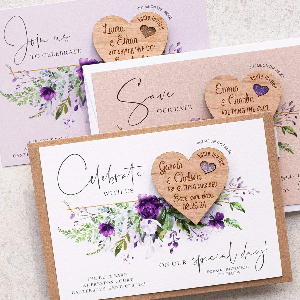 Wedding save the date magnets with evergreen purple floral cards NIVI Design
