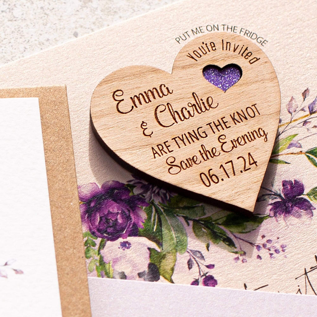 Wedding save the date magnets with evergreen purple floral cards NIVI Design