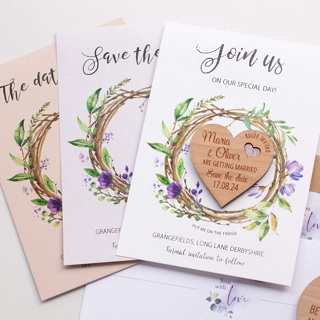 Wedding save the date magnets with evergreen purple floral cards NIVI Design