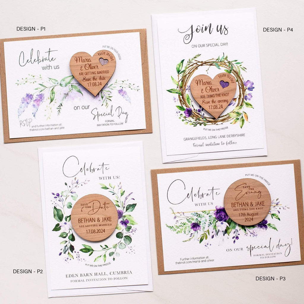 Wedding save the date magnets with evergreen purple floral cards NIVI Design