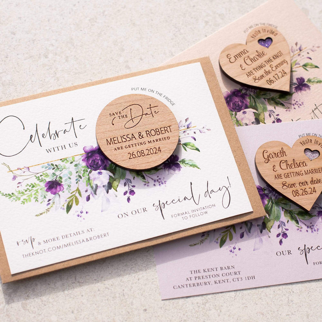 Wedding save the date magnets with purple floral cards NIVI Design