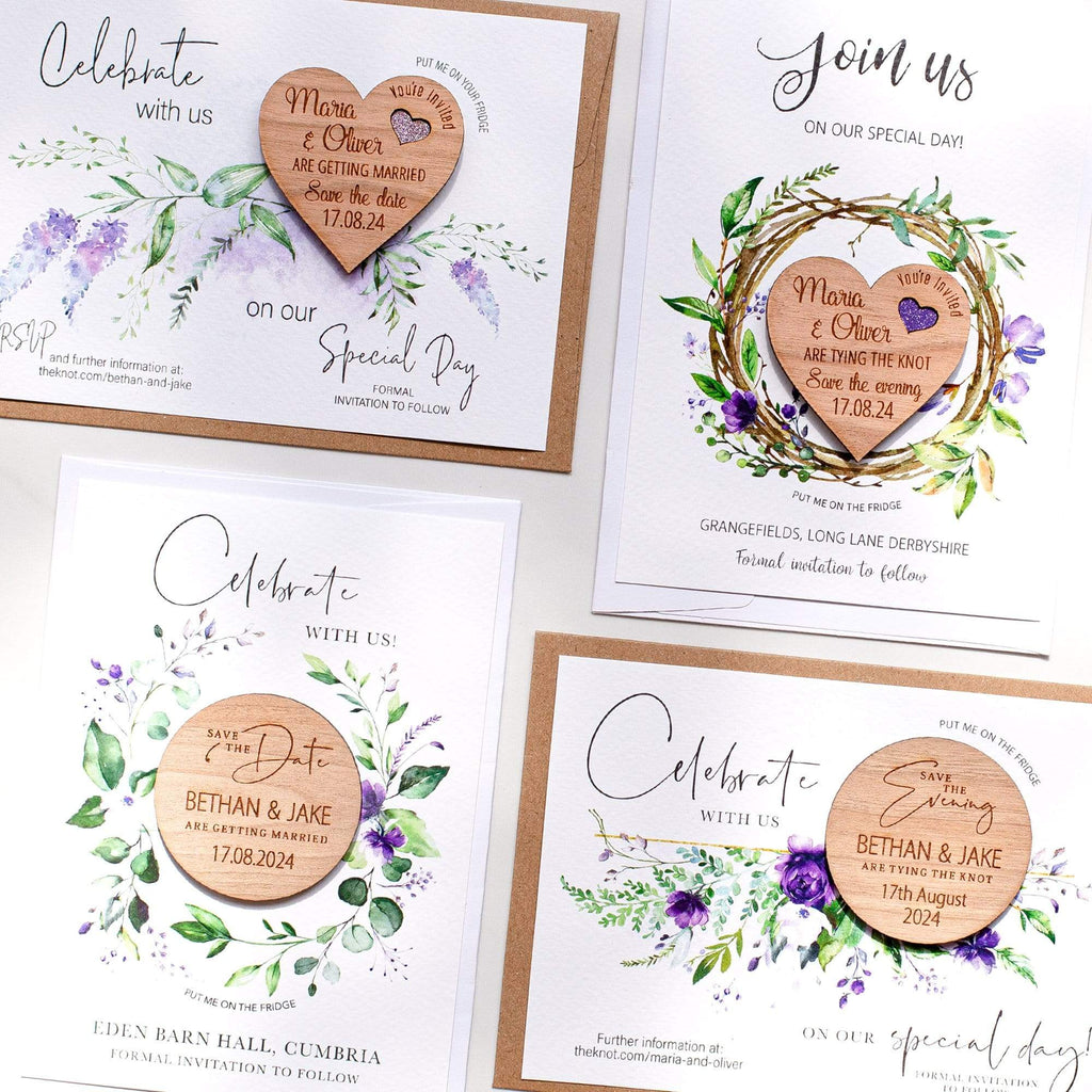 Wedding save the date magnets with purple floral cards NIVI Design